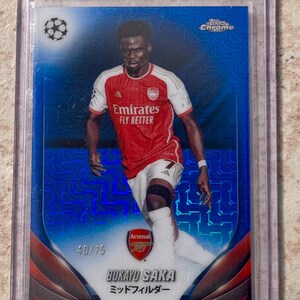 2023-2024 Topps Chroom Japan UEFA Bukayo Saka #148 Blue Mojo Refractor #d/75 Arsenal Engeland