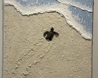 Mixed media canvas zeeschildpad - A Lone Journey - canvasschilderij - muurkunst strandthema - oceaankunst
