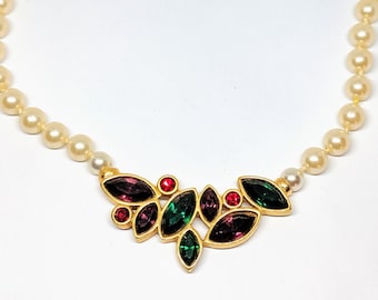 Vintage Swarovski Pearl and Rhinestone Necklace with Green, Purple, & Red Rhinestones