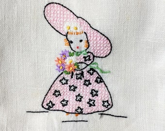 Vintage Cross-Stitch Hand Embroidered Tea Towel with Girl in Pink Holding Flowers, Housewarming/ Hostess Gift
