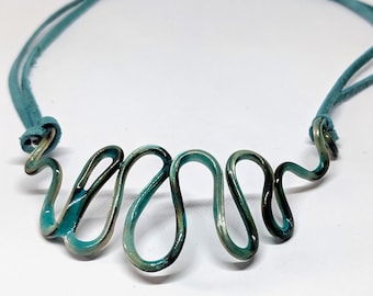 Blue Green Vitreous Enamel Wire Statement Necklace OOAK