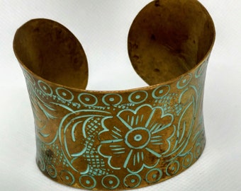 Vintage Floral Etched Brass Cuff Bracelet Boho Embossed Metal Hippie Flowers Circa 1960s or 1970s