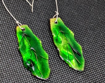 Green Leaf Enameled Dangle Earrings, Handcrafted on Sterling Silver Ear Wires