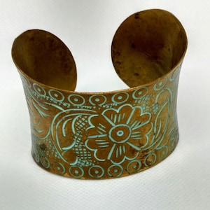 Vintage Floral Etched Brass Cuff Bracelet Boho Embossed Metal Hippie Flowers Circa 1960s or 1970s
