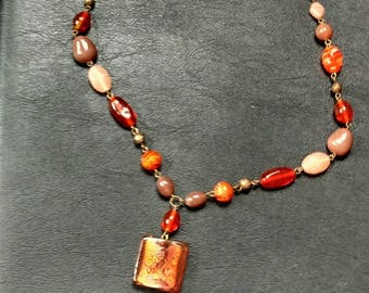 Vintage art glass necklace beads and pendant orange, wine, taupe, copper and cream earth tones