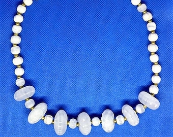 Vintage White Onyx Beaded Necklace, White Gemstone Beads 19" Long, White Agate, Barrel Closure, Mid-century Bridal Jewelry, Gift for Her