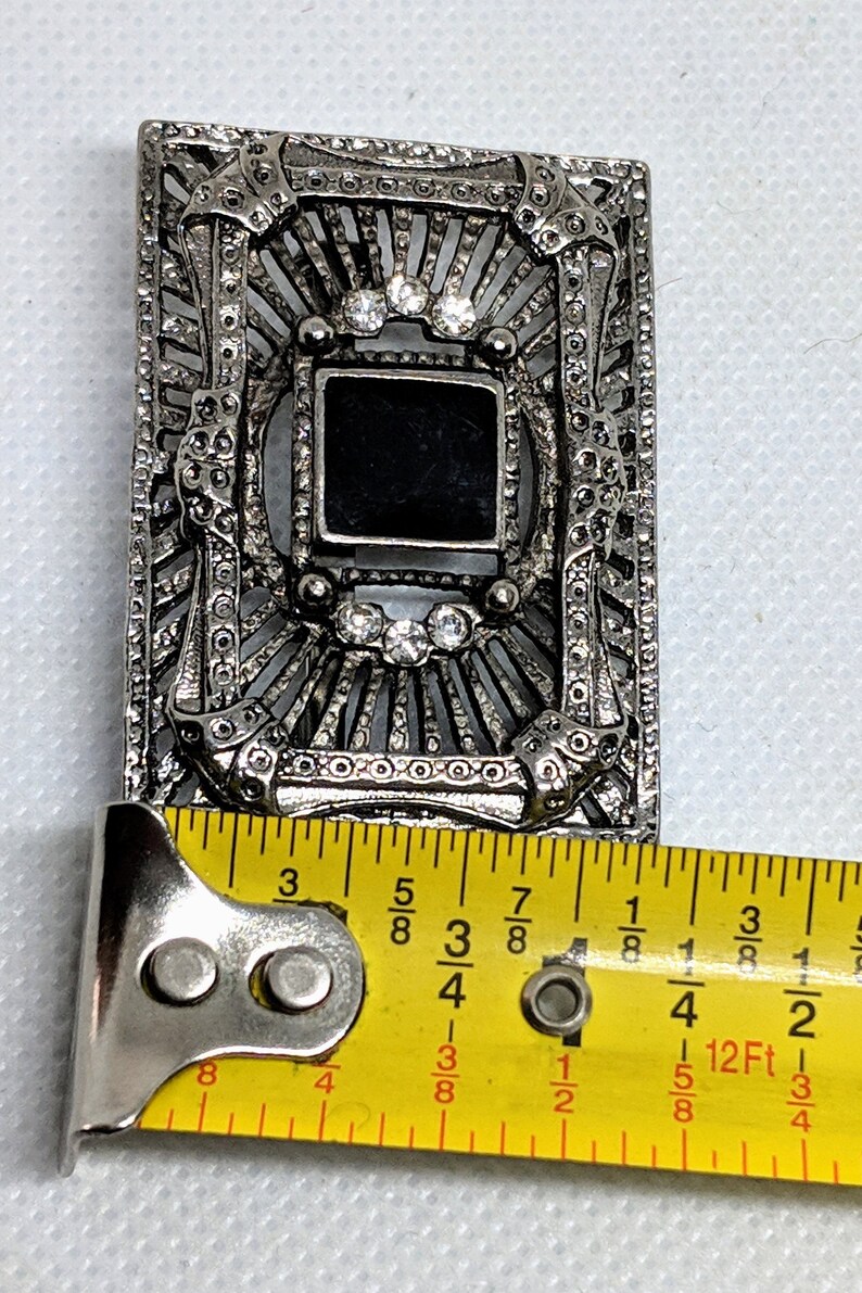 Art Deco Revival Rectangular Pin Vintage Silver tone Brooch w Faux Black Onyx with Clear Rhinestones