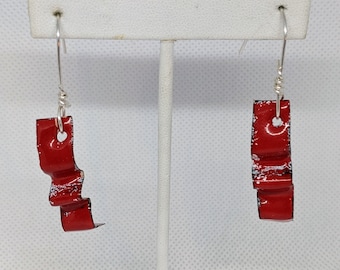 Long Wavy Enameled Dangle Statement Earrings in Red with White