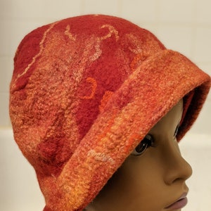 Orange and Red Felt Wool Hat, One of a Kind Handmade