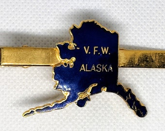 VFW Alaska Tie Bar / stropdas Clip, Vintage Veterans of Foreign Wars, blauwe Enameled staat goud Toon, patriottische Memorabilia, Alaskan Tie accessoire