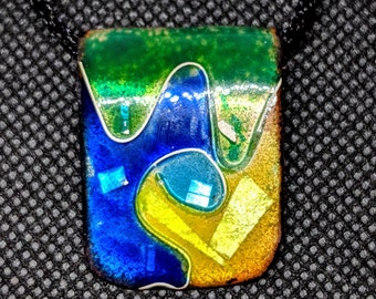 Contemporary Cloisonne Pendant in Blue, Green, and Yellow; One of a Kind Artisan Enamel Jewelry