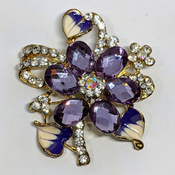 Rhinestone Flower Brooch, Purple and Clear Rhines… - image 5