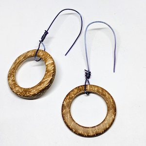 Long Statement Earrings, Coconut Wood Circles & Purple Niobium