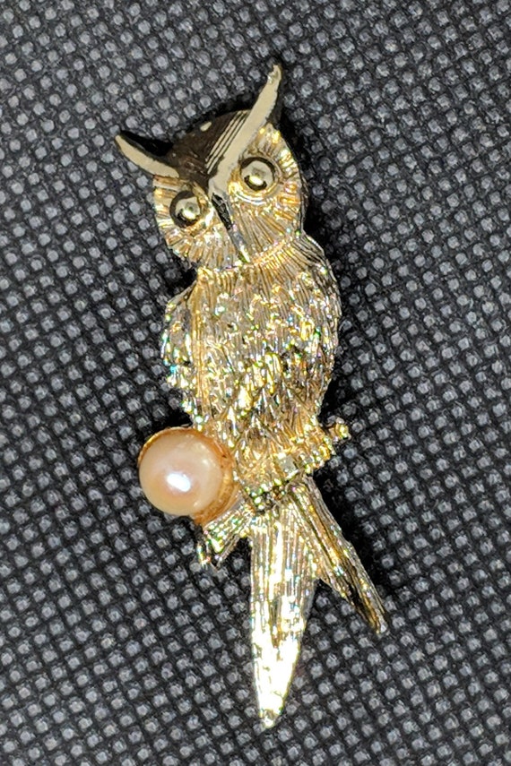 Broche Ancienne Hibou - Cabochon Doré, Strass Et Perle Goutte D'Eau - Occasion