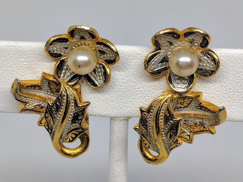 Vintage Damascene and Pearl Flower Clip on Earrings Floral - Etsy