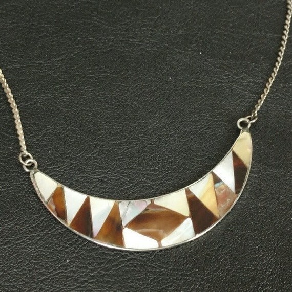 Vintage Mother of Pearl Inlay Necklace Brown and … - image 1