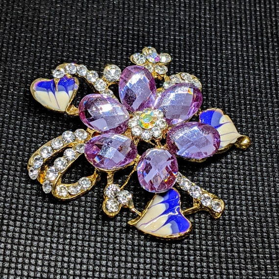 Rhinestone Flower Brooch, Purple and Clear Rhines… - image 4