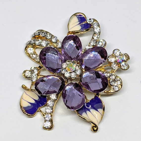 Rhinestone Flower Brooch, Purple and Clear Rhines… - image 2