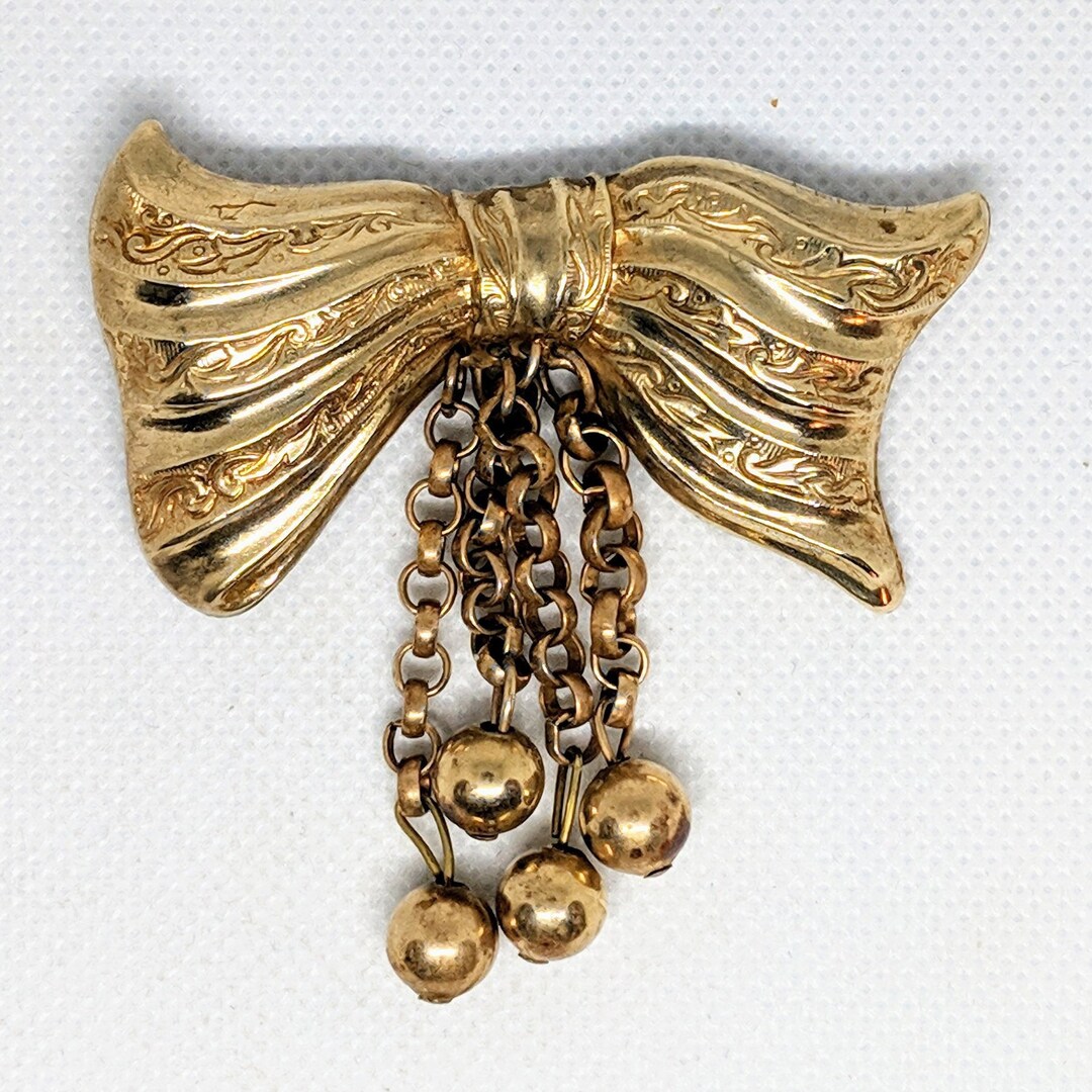 Antique Brass Tone Bow Brooch With Tassels Etsy