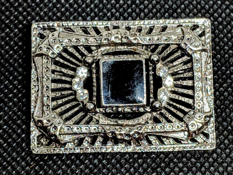 Art Deco Revival Rectangular Pin Vintage Silver tone Brooch w Faux Black Onyx with Clear Rhinestones