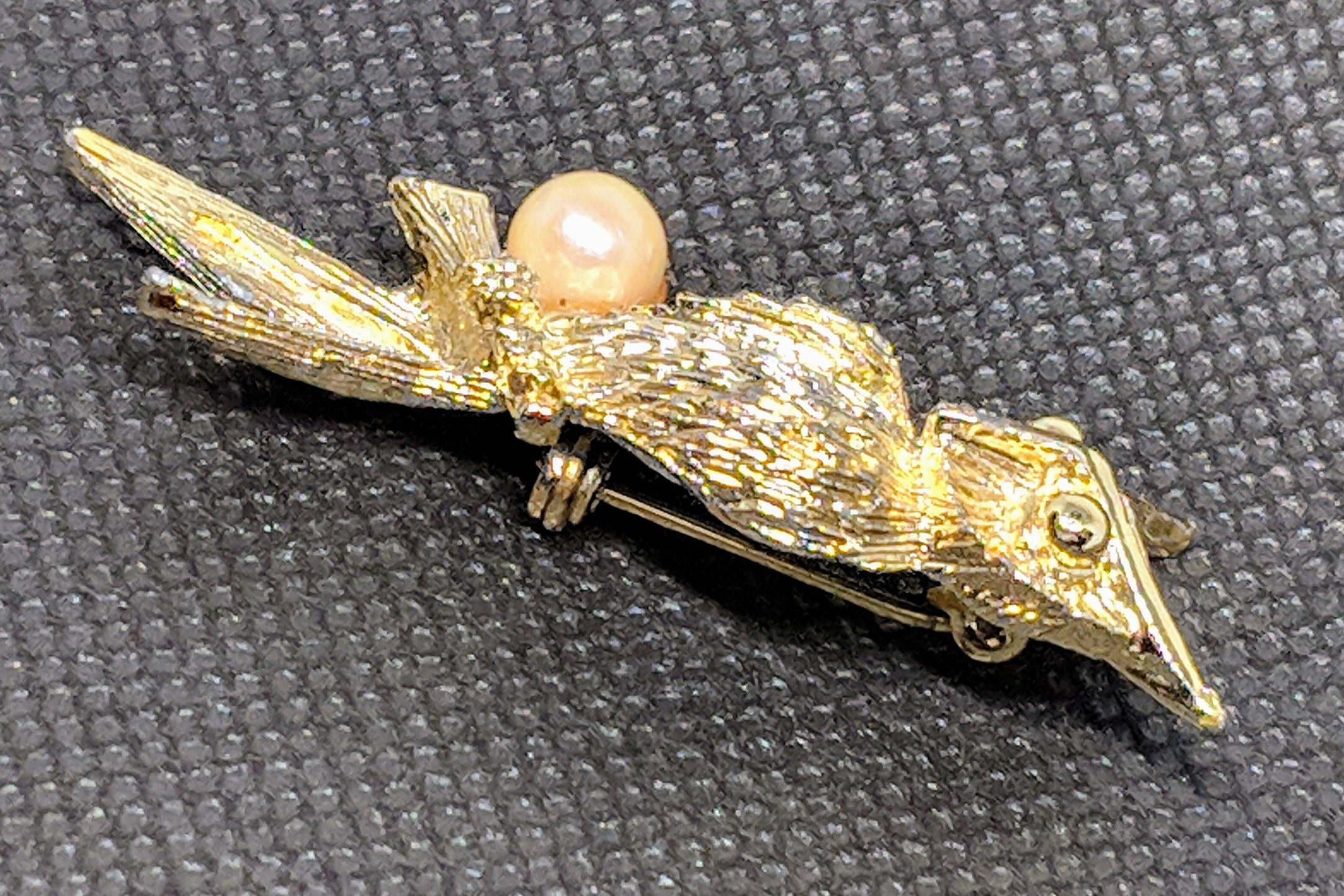 Ancienne Broche Hibou - Cabochon Doré, Strass, Perle Goutte D'eau - Occasion