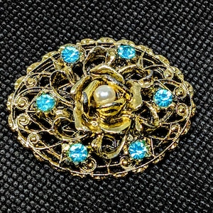 Brooch with Rose, Pearl, & Blue Rhinestones