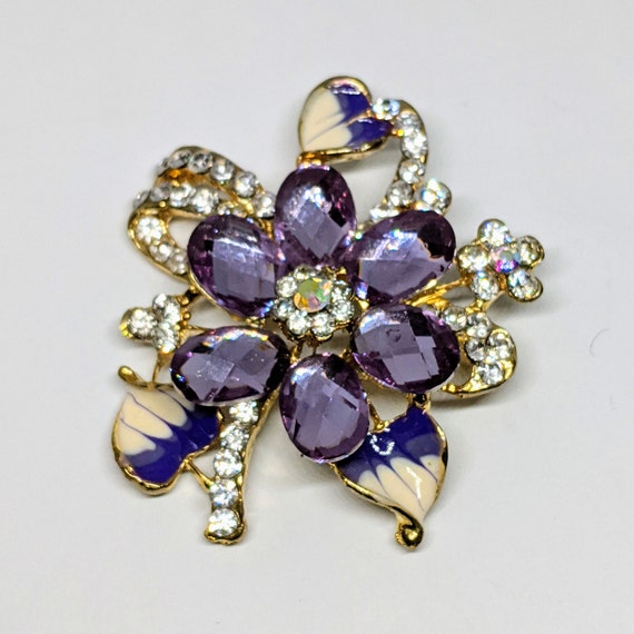 Rhinestone Flower Brooch, Purple and Clear Rhines… - image 10
