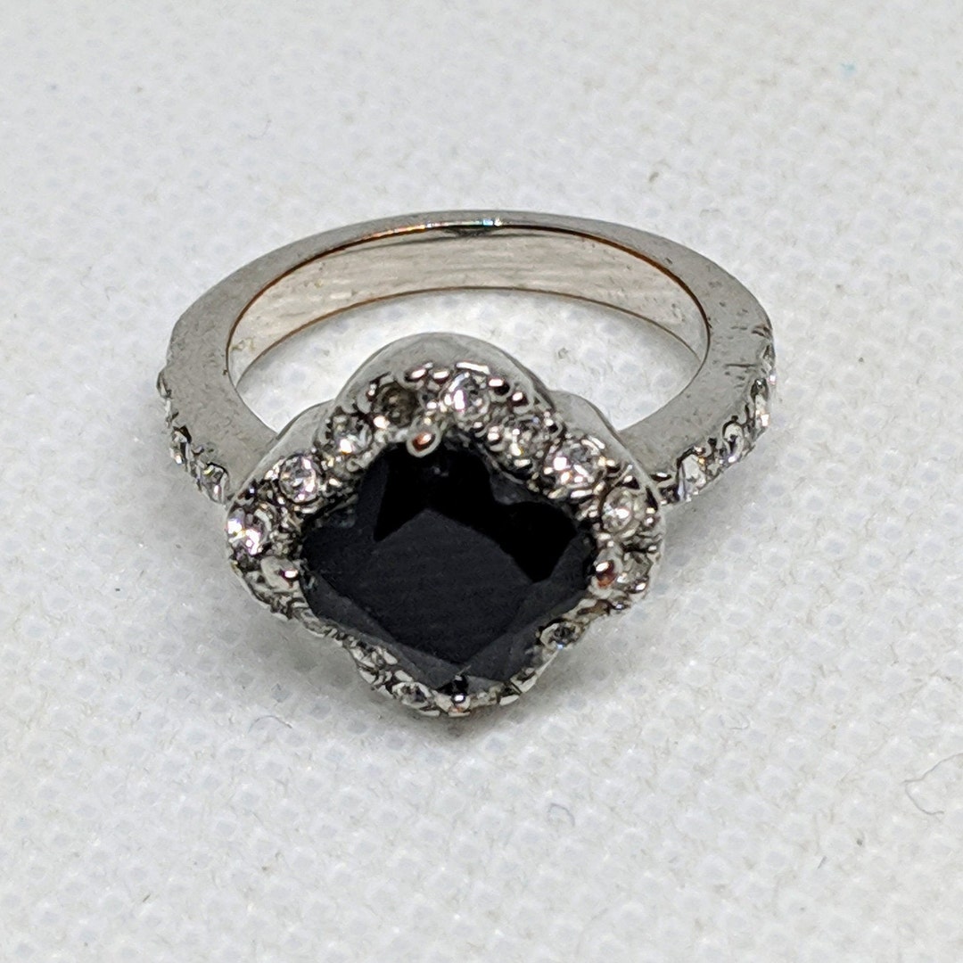 Black and Clear Rhinestone Ring Size 4.75, Vintage Faux Onyx Goth Ring ...