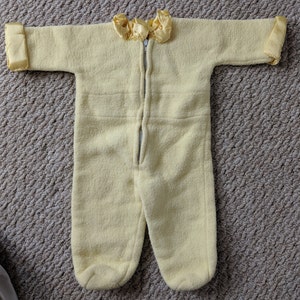 Vintage Fleece Baby Sleeper with Feet 1950s One Piece Bodysuit Mid-Century Light Yellow Handmade Unisex Newborn Infant Outfit Warm