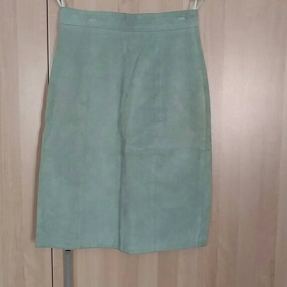 Vintage mint green genuine leather suede skirt, s… - image 1
