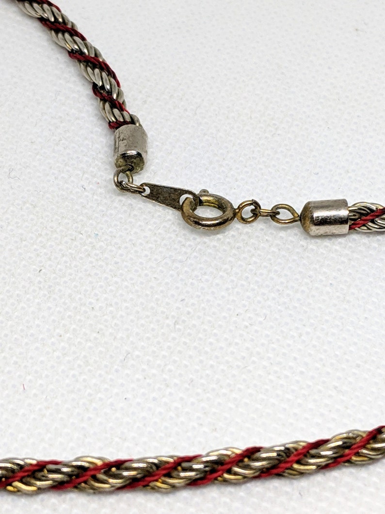 Vintage Rope Necklace Silver tone /& Red Twist Minimalist Chain 17.5 Long