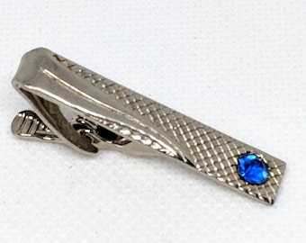 Vintage Silver tone with Blue Rhinestone Tie Bar/ Tie Clip, Mid-Century Textured and Wave Design