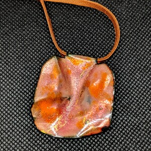Vitreous Enamel Pendant - Pink, Orange, & Gold  OOAK
