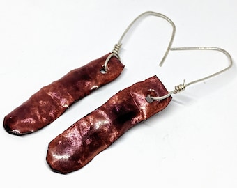 Long Purple Enameled Dangle Earrings, Handcrafted Dark Mauve on Sterling Silver Ear Wires