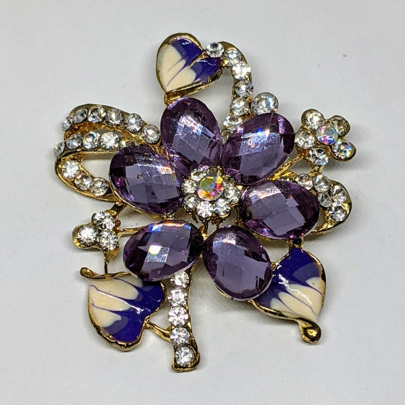 Rhinestone Flower Brooch, Purple and Clear Rhines… - image 3