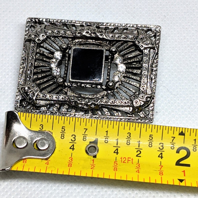 Art Deco Revival Rectangular Pin Vintage Silver tone Brooch w Faux Black Onyx with Clear Rhinestones