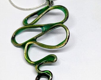 Green Enameled Squiggle, Serpentine Pendant Necklace, One of a Kind Artisan Made Jewelry