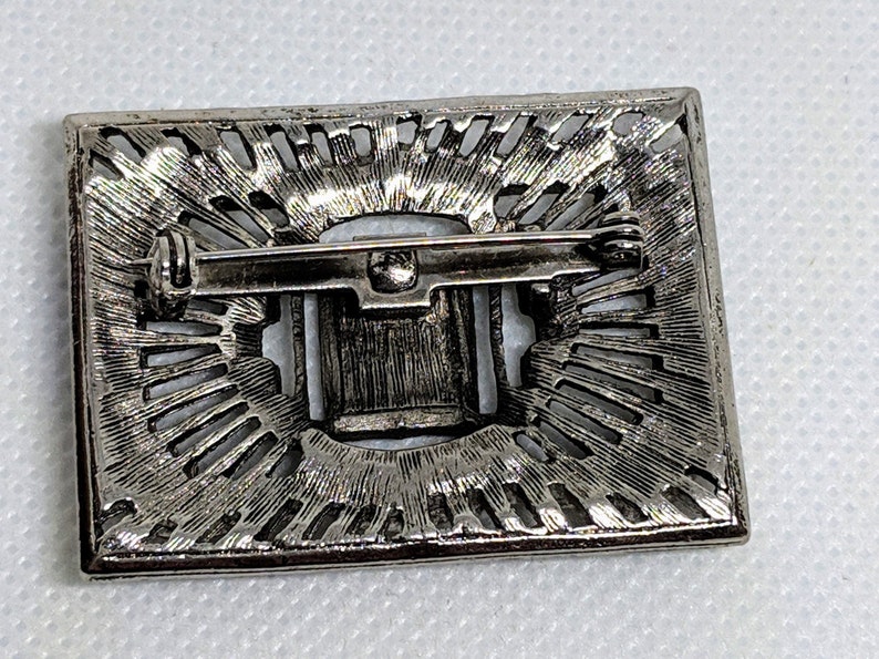 Art Deco Revival Rectangular Pin Vintage Silver tone Brooch w Faux Black Onyx with Clear Rhinestones