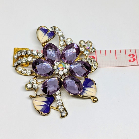 Rhinestone Flower Brooch, Purple and Clear Rhines… - image 9
