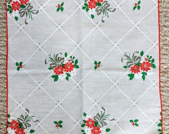 Vintage Christmas Handkerchief Red & White Poinsettia with Green Holly on White Background -- Holiday Hanky