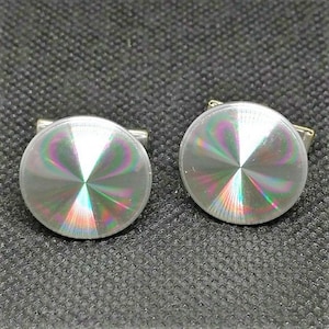 1960s Vintage Iridescent Prism Rainbow Disc Cufflinks Mid-Century Modern  Silver tone Trippy Round Circular Cuff Links Gift for Him