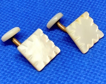 Antieke gesneden moeder van de parel manchetknopen, Edwardian vaste overeenkomstige terug Barbell stijl manchetknopen, Gift voor hem bruidegom speciale gelegenheid