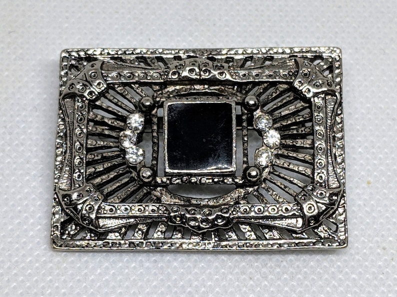 Art Deco Revival Rectangular Pin Vintage Silver tone Brooch w Faux Black Onyx with Clear Rhinestones