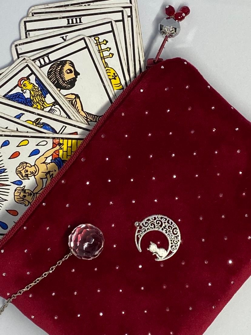 Trousse de Tarot Velours Rouge Lune et Chat, Trousse Zippée Lune, Pour Cristal, à Bijoux, Pochette T