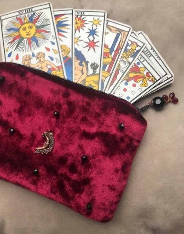 Trousse de Tarot Velours Framboise et Noire, Trousse Zippée Lune, Sac Pour Cristal, à Bijoux, Pochet