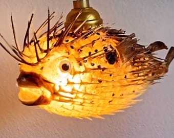 7-10in Handmade Puffer Fish Lamp: Nautical Tiki Bar Decor Porcupine Brass Top