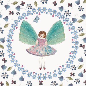 May include: Watercolor illustration of a fairy with large teal wings, wearing a pink and blue dress, surrounded by a wreath of blue flowers and leaves. A blue butterfly hovers near the fairy. The artwork has a whimsical, storybook style.