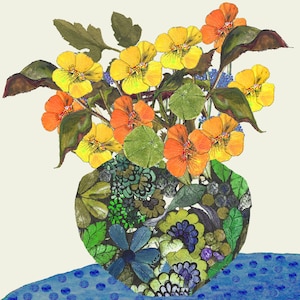 Wenskaart 'Nasturtiumvaas' met aardappelprint