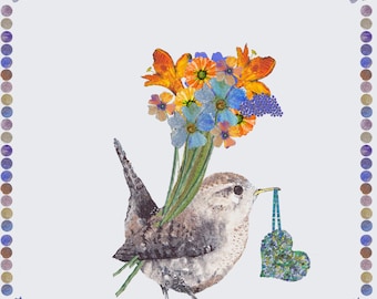 Potato Printed 'Wren With Flowers' greetings card