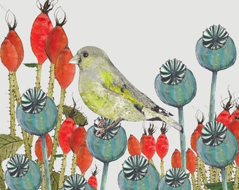 Potato Print 'Greenfinch' Greeting Card